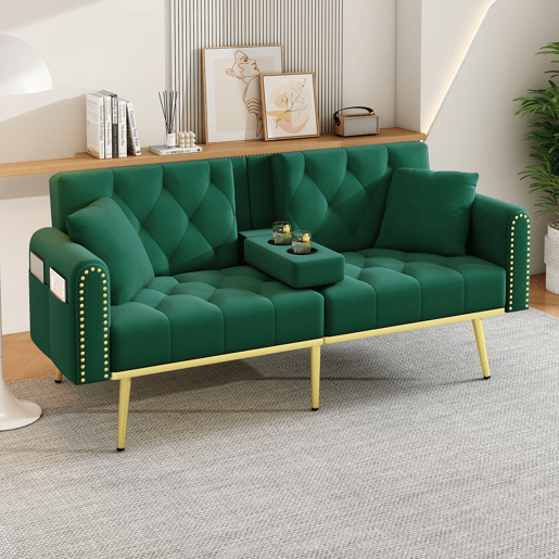 Sofá-cama de 2 lugares - função cama, 3 posições, porta-copos - Verde