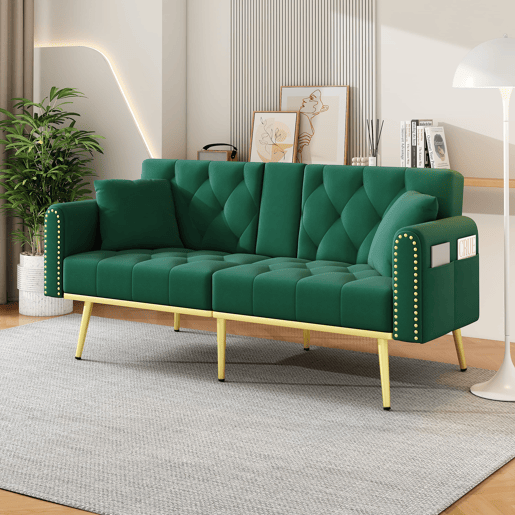 Sofá-cama de 2 lugares - função cama, 3 posições, porta-copos - Verde