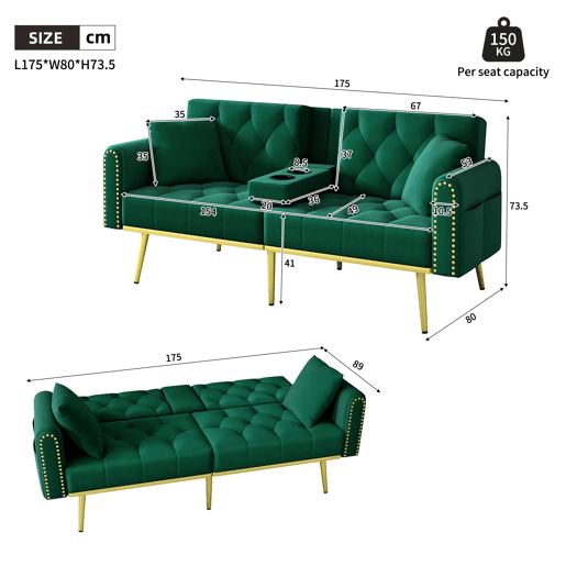 Sofá-cama de 2 lugares - função cama, 3 posições, porta-copos - Verde