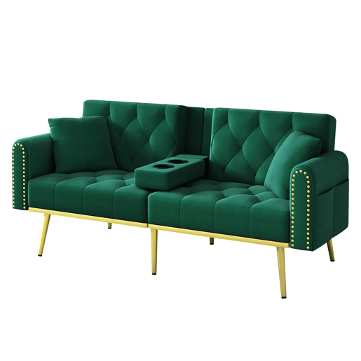 Sofá-cama de 2 lugares - função cama, 3 posições, porta-copos - Verde