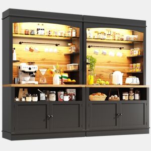 Armário de cozinha alto 107x43x184 cm - Vitrine com LED e prateleiras abertas - Preto
