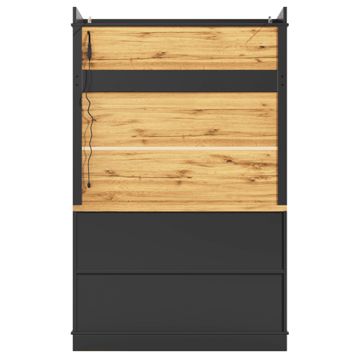 Armário de cozinha alto 107x43x184 cm - Vitrine com LED e prateleiras abertas - Preto