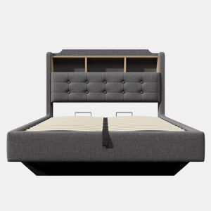 Cama estofada 140x200 cm - Com LED, armazenamento hidráulico, design flutuante, cinza