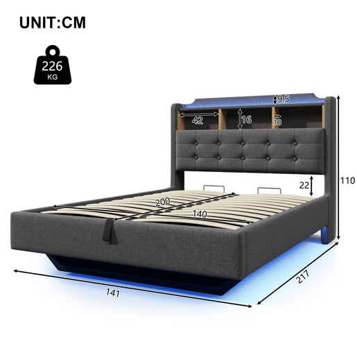 Cama estofada 140x200 cm - Com LED, armazenamento hidráulico, design flutuante, cinza