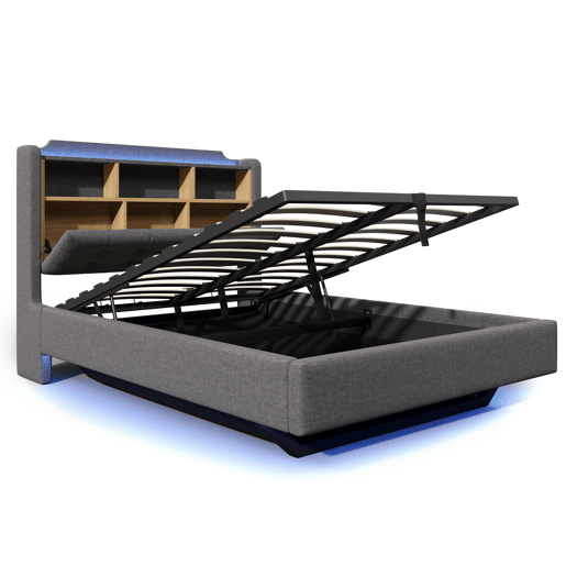 Cama estofada 140x200 cm - Com LED, armazenamento hidráulico, design flutuante, cinza