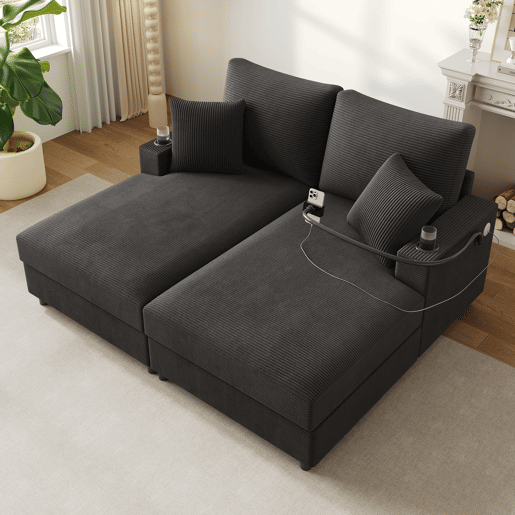 Sofá-cama XXL - Função de cama, superfície almofadada, suporte para telemóvel, USB e porta-copos - Cinza