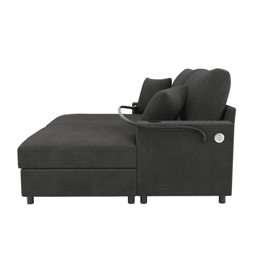 Sofá-cama XXL - Função de cama, superfície almofadada, suporte para telemóvel, USB e porta-copos - Cinza