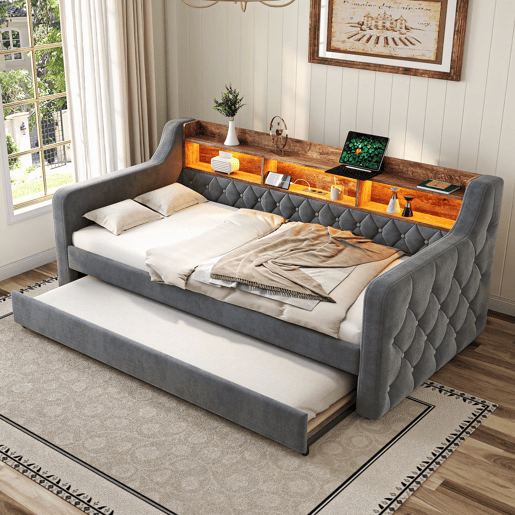 Sofá-cama 90x190 cm - Com arrumação, LED, USB-C, 12 lâminas, estrutura metálica e de madeira - Cinza