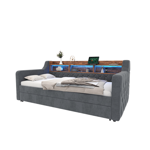 Sofá-cama 90x190 cm - Com arrumação, LED, USB-C, 12 lâminas, estrutura metálica e de madeira - Cinza