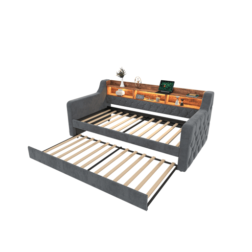 Sofá-cama 90x190 cm - Com arrumação, LED, USB-C, 12 lâminas, estrutura metálica e de madeira - Cinza
