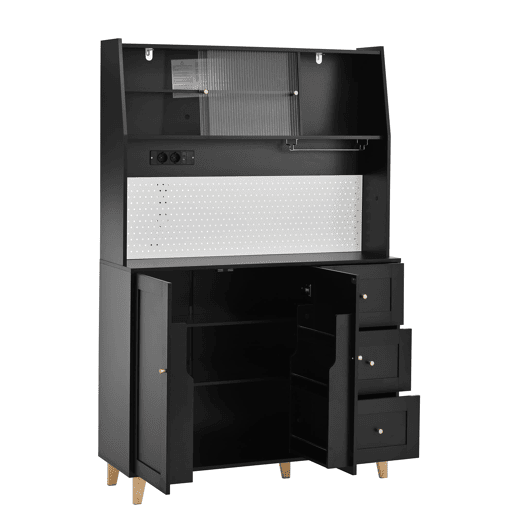 Armário alto com tomadas e painel perfurado u2013 com porta-copos e arrumação u2013 preto