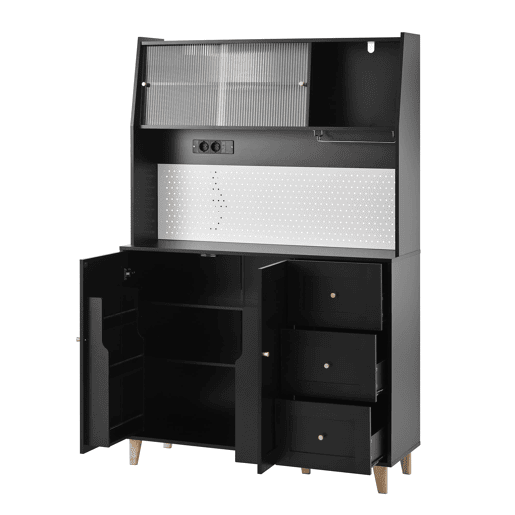 Armário alto com tomadas e painel perfurado u2013 com porta-copos e arrumação u2013 preto