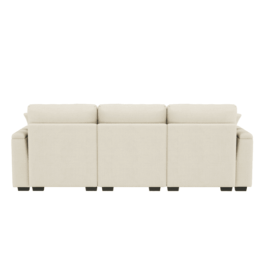 Sofá de 3 lugares em chenille - Com almofadas, mesa rebatível, porta USB, porta-copos e arrumação - Bege