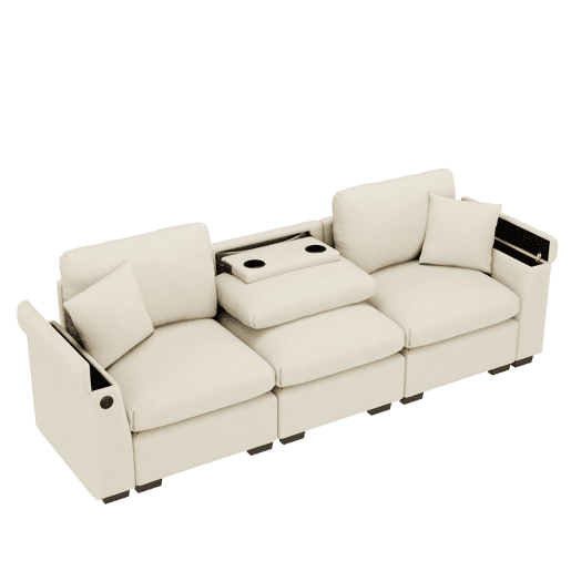 Sofá de 3 lugares em chenille - Com almofadas, mesa rebatível, porta USB, porta-copos e arrumação - Bege