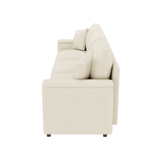 Sofá de 3 lugares em chenille - Com almofadas, mesa rebatível, porta USB, porta-copos e arrumação - Bege