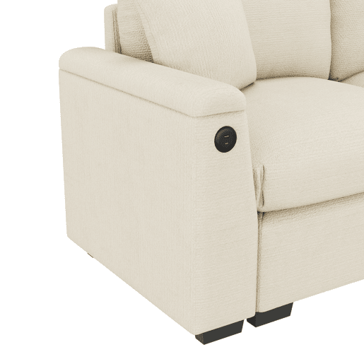 Sofá de 3 lugares em chenille - Com almofadas, mesa rebatível, porta USB, porta-copos e arrumação - Bege