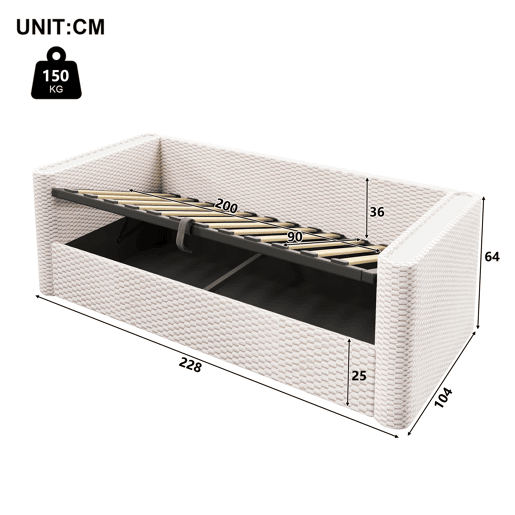 Cama de dia 90x200 cm - com iluminação LED, mecanismo hidráulico de arrumação, sem colchão, bege