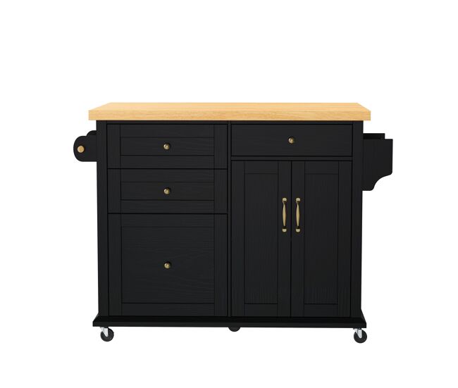 Isla de cocina móvil - con ruedas, mesa extensible y cajones - negro