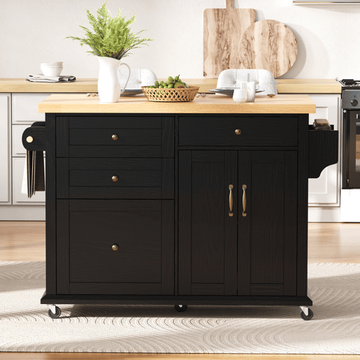 Ilha de cozinha móvel - com rodas, mesa extensível e gavetas - preta