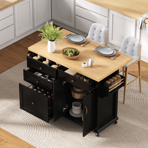 Ilha de cozinha móvel - com rodas, mesa extensível e gavetas - preta