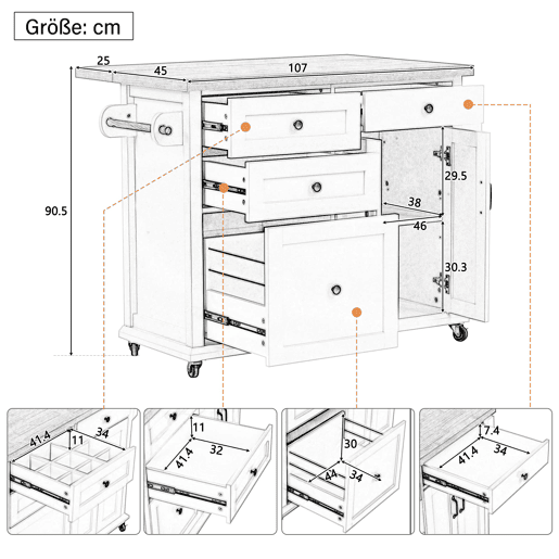 Ilha de cozinha móvel - com rodas, mesa extensível e gavetas - preta