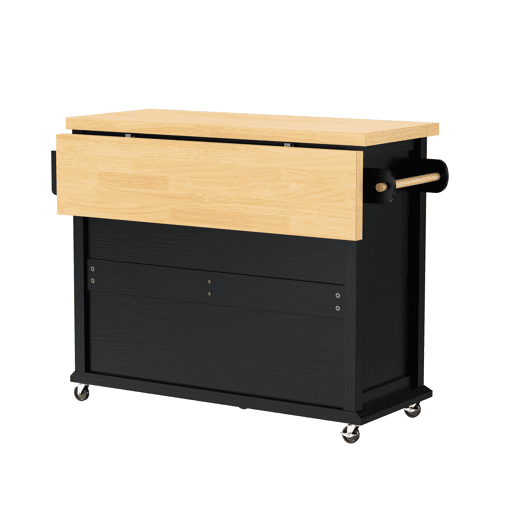 Ilha de cozinha móvel - com rodas, mesa extensível e gavetas - preta