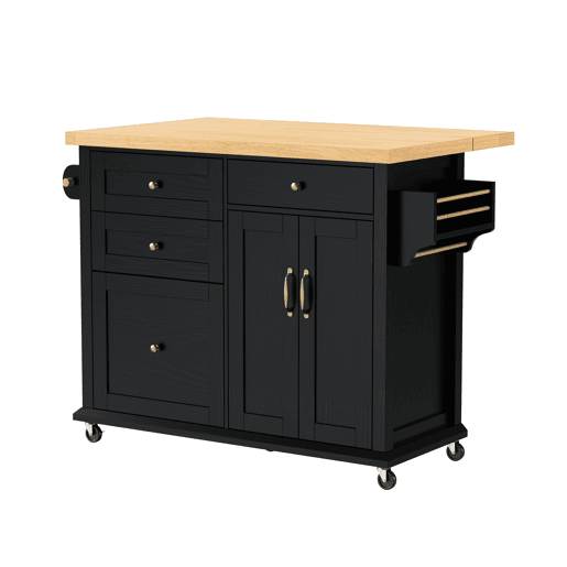 Ilha de cozinha móvel - com rodas, mesa extensível e gavetas - preta
