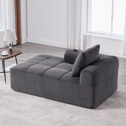 Poltrona de descanso em veludo cotelê - Sem montagem, com almofadas, bolsa lateral e porta-copos - Cinza