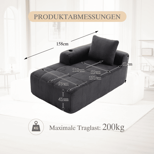 Poltrona de descanso em veludo cotelê - Sem montagem, com almofadas, bolsa lateral e porta-copos - Cinza