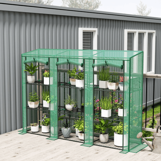 Outsunny Estufa Pequena Estufa de Exterior com Prateleiras de 3 Níveis Portas com Fecho de Correr e Estrutura de Aço Estufa para Cultivar Plantas Flores 215x46x151 cm Verde