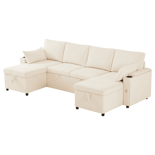 Sofá-cama em U com 4 lugares - Com porta-copos, arrumação e função de cama - Bege