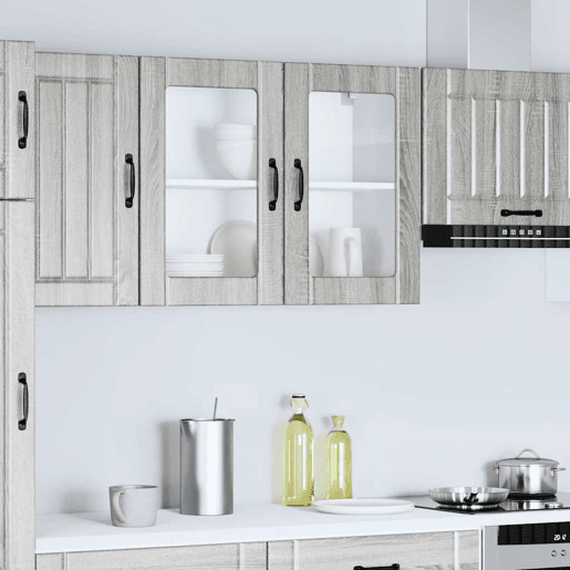 Armário de parede de cozinha - Cozinha modular porta vidro cinza sonoma