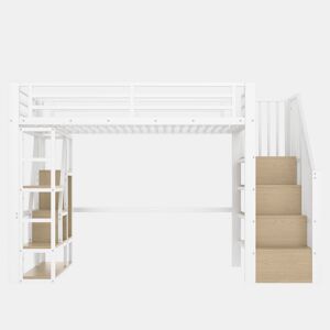 Cama alta 90x200 cm - Estrutura metálica, prateleira, escada integrada, barra de proteção, luz LED, arrumação aberta - Branco