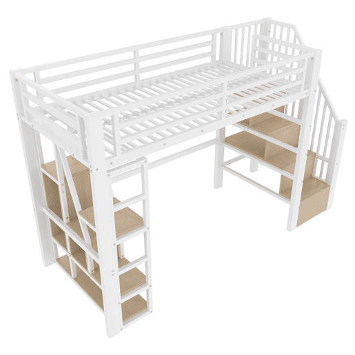 Cama alta 90x200 cm - Estrutura metálica, prateleira, escada integrada, barra de proteção, luz LED, arrumação aberta - Branco