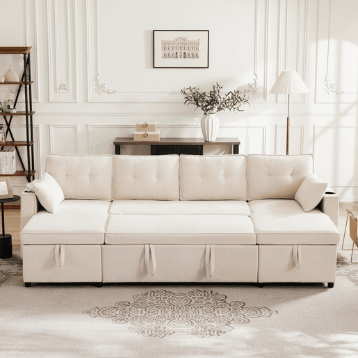 Sofá-cama em forma de U para 4 pessoas - Com função de cama, arrumação e porta-copos - Bege