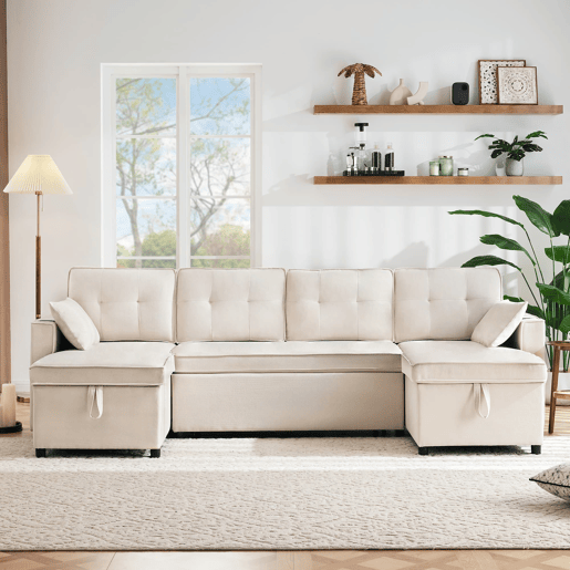 Sofá-cama em forma de U para 4 pessoas - Com função de cama, arrumação e porta-copos - Bege