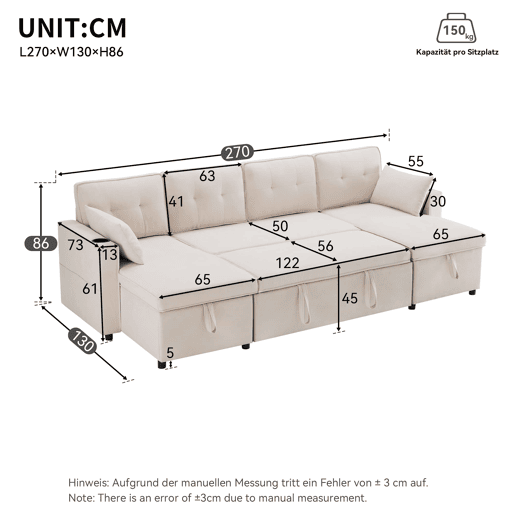 Sofá-cama em forma de U para 4 pessoas - Com função de cama, arrumação e porta-copos - Bege