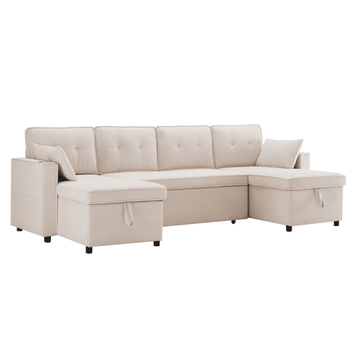 Sofá-cama em forma de U para 4 pessoas - Com função de cama, arrumação e porta-copos - Bege