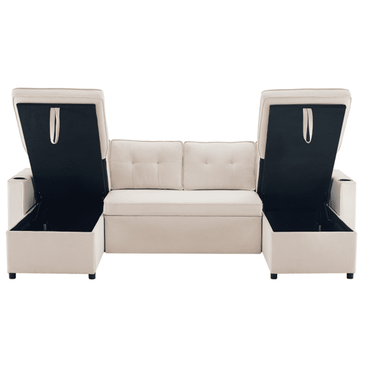 Sofá-cama em forma de U para 4 pessoas - Com função de cama, arrumação e porta-copos - Bege