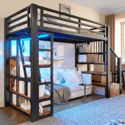 Cama alta 90x200 cm - Estrutura em ferro, escada integrada, arrumação, luz LED - Preto