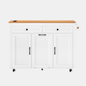 Ilha de cozinha móvel - mesa extensível, tomadas e compartimento para lixo - branco