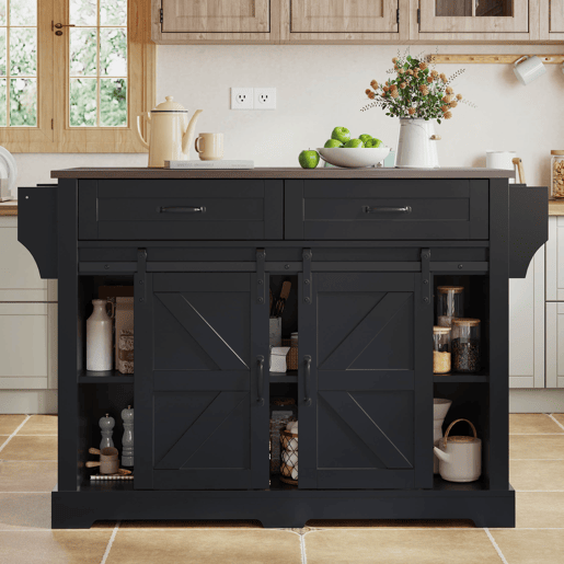 Ilha de cozinha 120x45x91 cm - bancada rebatível, rodas, portas deslizantes e gavetas - preto