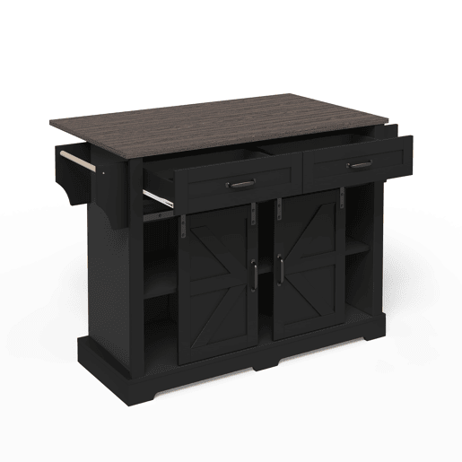 Ilha de cozinha 120x45x91 cm - bancada rebatível, rodas, portas deslizantes e gavetas - preto