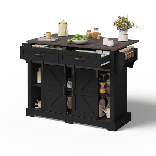 Ilha de cozinha 120x45x91 cm - bancada rebatível, rodas, portas deslizantes e gavetas - preto