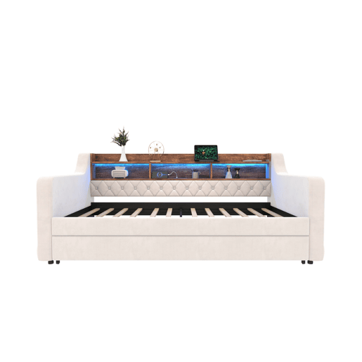 Sofá-cama 90x190 cm - Com arrumação, LED, USB-C, 12 ripas, estrutura em metal e madeira - Bege