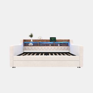 Sofá-cama 90x190 cm - Com arrumação, LED, USB-C, 12 ripas, estrutura em metal e madeira - Bege