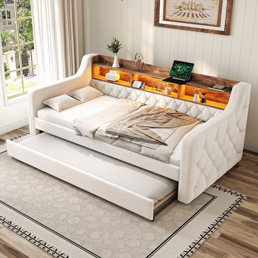 Sofá-cama 90x190 cm - Com arrumação, LED, USB-C, 12 ripas, estrutura em metal e madeira - Bege