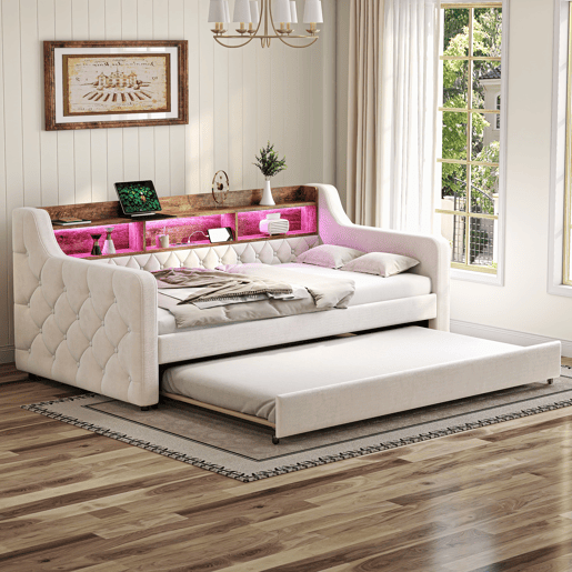 Sofá-cama 90x190 cm - Com arrumação, LED, USB-C, 12 ripas, estrutura em metal e madeira - Bege