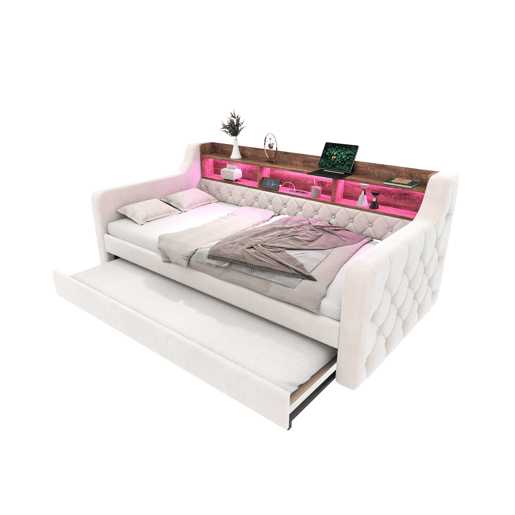 Sofá-cama 90x190 cm - Com arrumação, LED, USB-C, 12 ripas, estrutura em metal e madeira - Bege