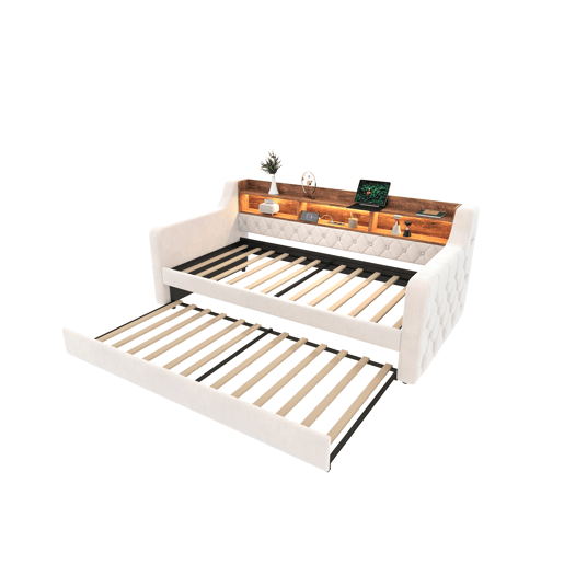 Sofá-cama 90x190 cm - Com arrumação, LED, USB-C, 12 ripas, estrutura em metal e madeira - Bege